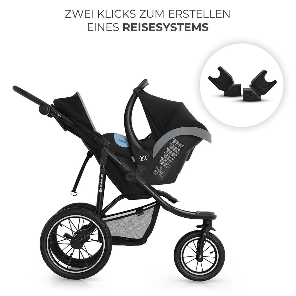 Kinderkraft HELSI 2 Silla de paseo hasta 27 kg, cochecito desde el nacimiento, silla de paseo para correr con grandes ruedas neumáticas, función de reclinado, asa parental ajustable, plegable, cesta debajo del asiento, negro