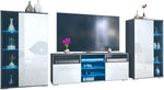 Mueble de salón Vladon Davos, compuesto por 2 vitrinas y 1 mueble para TV, antracita mate/blanco brillo, incl. iluminación LED (329 x 134 x 35 cm)