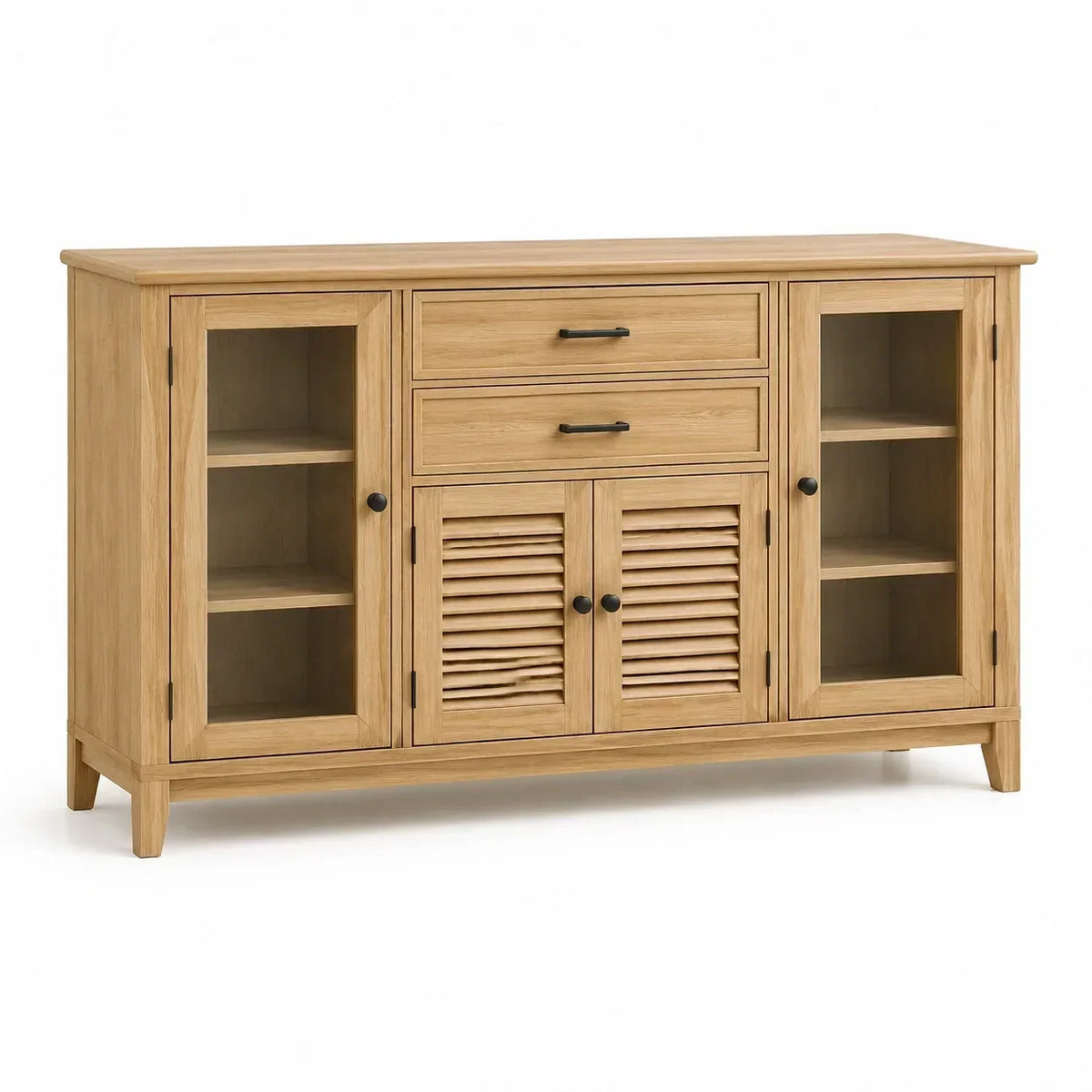 Aparador de madera de roble con cristal  templado y 2 cajones, 2 puertas, color natural, 90x150x40 cm