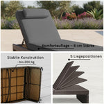 RS Trade Sonnenliege Gartenliege wetterfest aus Rattan, extra hoch & extra breit auch für Senioren – XXL bis 200kg – mit Rollen, Outdoor Liege mit Verstellbarer Rückenlehne, braun mit Grauer Auflage