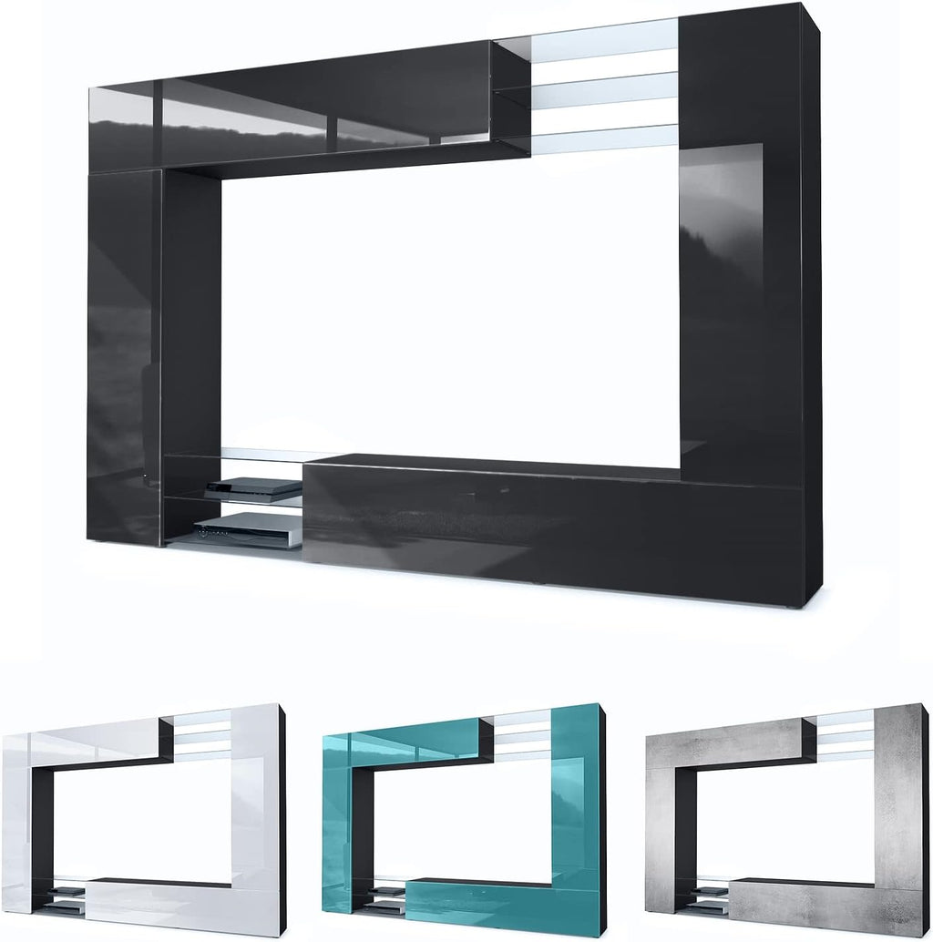 Mueble de salón Vladon Mirage, fabricado en Alemania, mueble mural con panel trasero con 2 puertas, 2 puertas abatibles y 6 estantes de cristal abiertos, negro mate/gris brillante, incluye iluminación LED (262 x 183 x 39 cm)