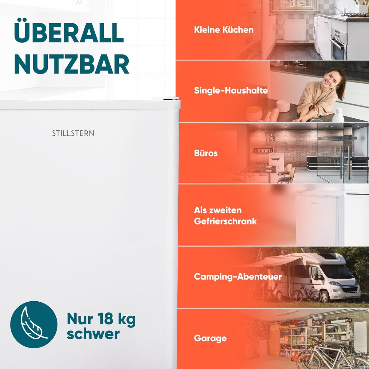 Stillstern Mini Gefrierschrank (42L) -18°C, Eiswürfelschale, Schloss, Türanschlag wechselbar, 4-Sterne Tiefkühlschrank für Camping/Büro Gefriertruhe Klein Gefrierschrank Klein Tiefkühltruhe Weiß