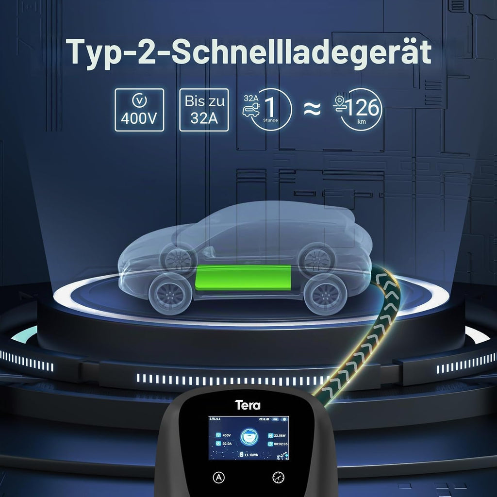 Tera EV Ladegerät Smart APP mit 32A Typ 2 22kW oder 11kW Heim Ladestation 400V CE & TÜV Wallbox 7m Ladekabel mit Ladegerätehalter App-Steuerung CEE 3-Phasen Stecker für Alle EVs und PHEVs W01 Schwarz
