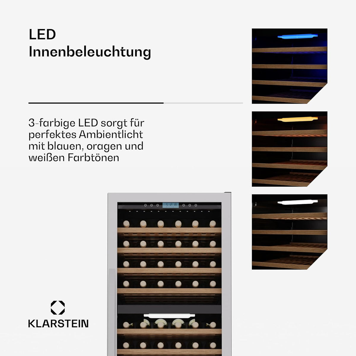Vinoteca Klarstein Vinovilla Trio – 144 botellas, 3 zonas, 5–20°C, iluminación LED, protección UV, de libre instalación, armario climatizado para vinos