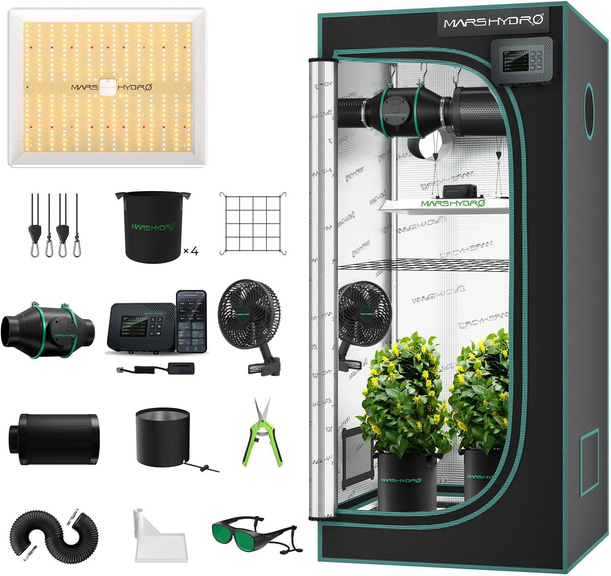 Set de cultivo completo para interior MARS HYDRO con controlador integrado WiFi, lámpara de cultivo TS1000 programable y regulable, armario de cultivo de 80x80x160 cm con alta reflectividad 1680D y kit de ventilación automática de 4"