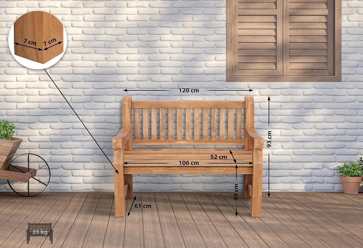 Banco de teca CLP Jackson V2 | Banco de madera resistente a la intemperie con respaldo | Banco de jardín estable de madera de teca maciza, color: Teca, tamaño: 120 cm
