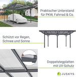 Cochera Juskys con techo plano 5x3 m - Cubierta de aluminio con placas alveolares - Refugio para coches - Montaje independiente - Gris oscuro