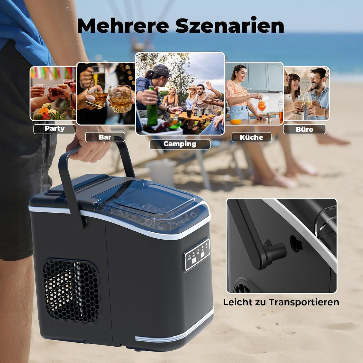 Eiswürfelmaschine, Acmeenjoy Eiswürfelbereiter Ice Maker 9 Eiswürfel in 6-8 Minuten, 12 KG in 24 H, Selbstreinigende Eiswürfelmaschine Kleine für Küche, Büro, Bar und Party