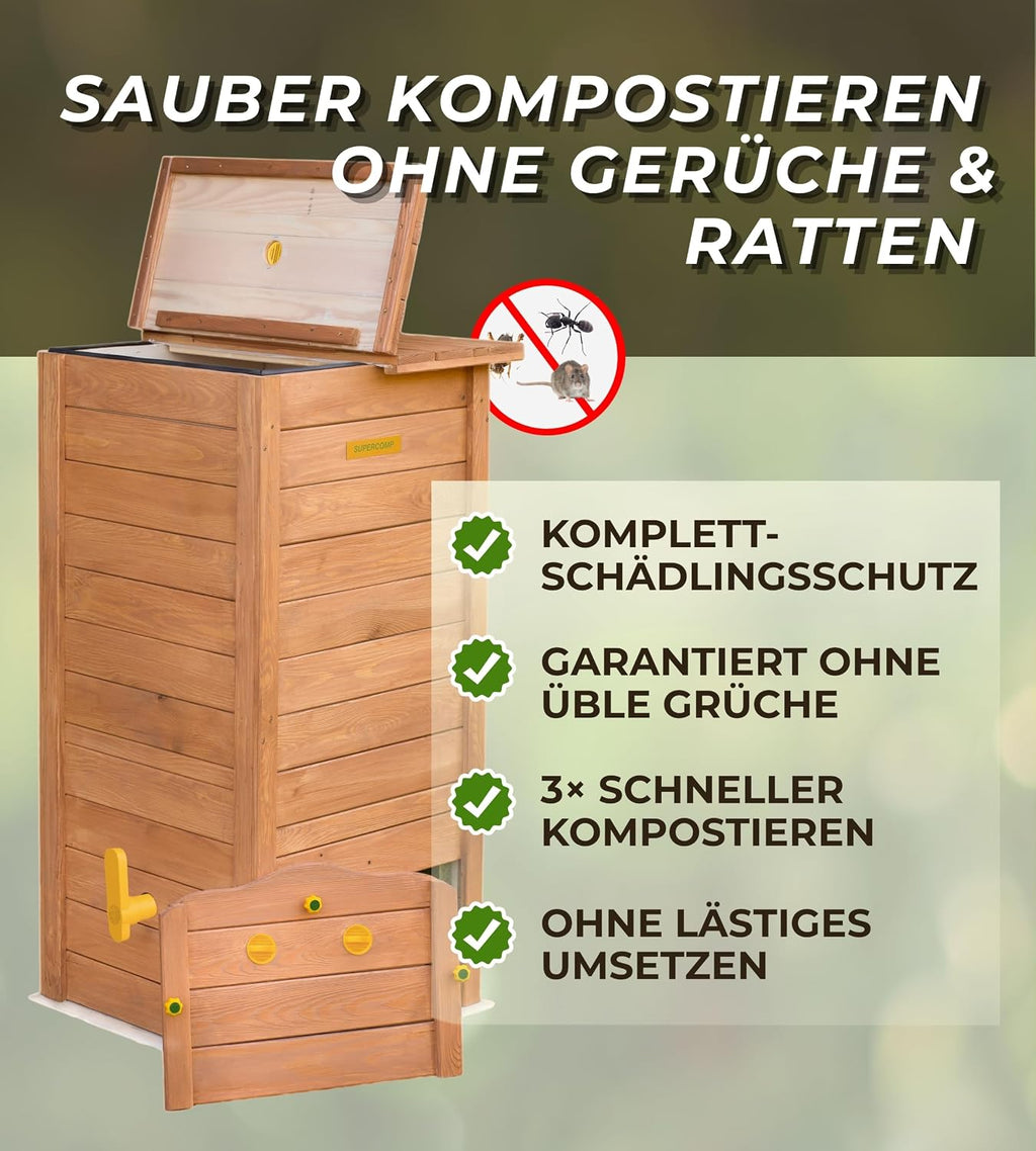 Compostador de madera a prueba de ratas con tapa, protección contra plagas, rejilla de ventilación y base, técnica de deslizamiento para compostar sin malos olores, sin necesidad de volteo, 340 L