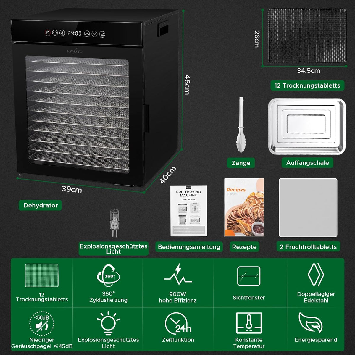 Deshidratador de alimentos Kwasyo de acero inoxidable, 12 bandejas, totalmente negro, control de temperatura de 30-90℃, temporizador de 24 horas, recetario para carne, frutas, verduras y hierbas, 900W, LT-09