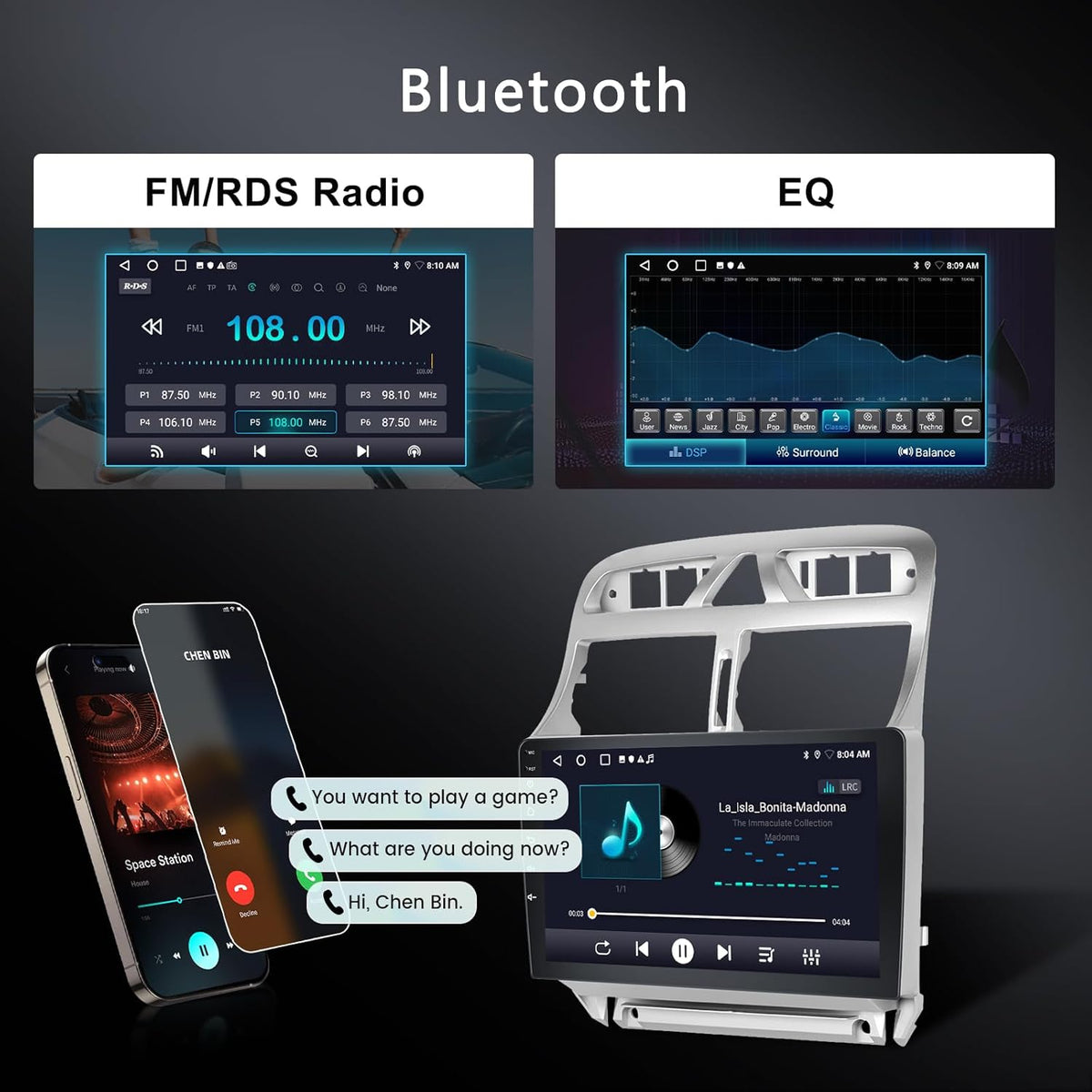 Autorradio Android 2GB 64GB para Peugeot 307 307CC 307SW 2002-2013 con Carplay inalámbrico y Android Auto, pantalla táctil Hodozzy de 9 pulgadas, navegación GPS, Bluetooth, WiFi, radio FM/RDS, SWC, EQ