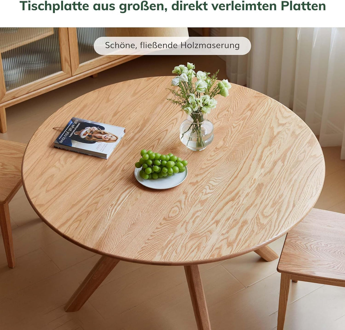 YESWOOD Massivholz Esstisch aus Eiche, runder Tisch 120 cm, 0 Furnier, moderner Küchentisch, runder Esszimmertisch, stabil, Dining Tables für 4-6 Personen, 120x120x74,8 cm, Naturfarbe