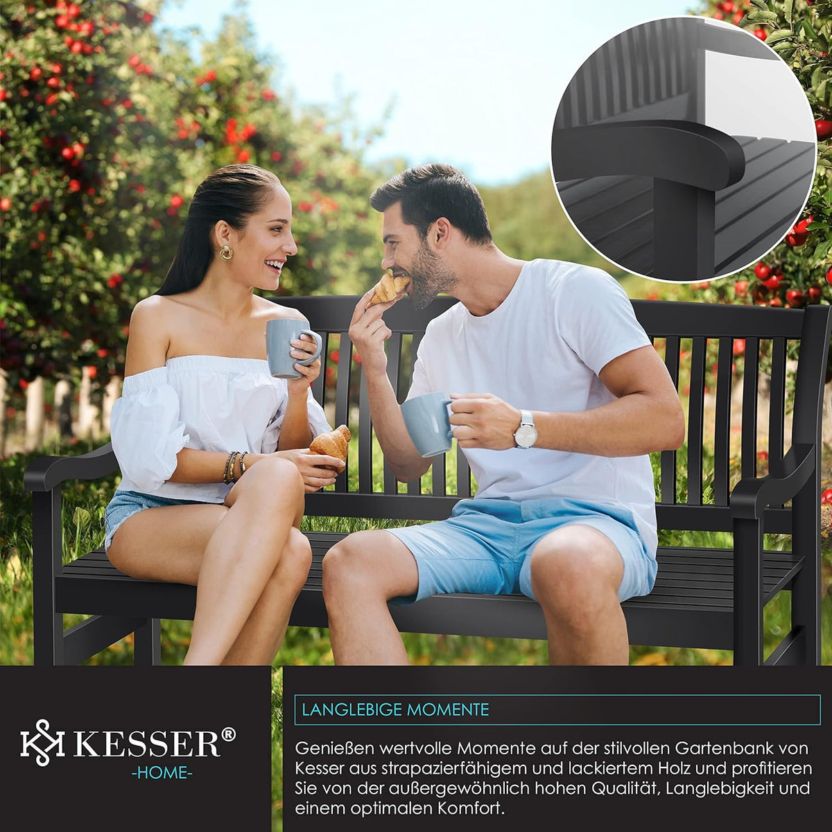 KESSER® Gartenbank Holz wetterfest 150 cm, Holzbank Garten 3-4 Sitzer, Sitzbank Outdoor, Balkonbank aus Massivholz, Parkbank 320 kg belastbar für Garten, Terrasse & Balkon inkl. Abdeckung, Anthrazit