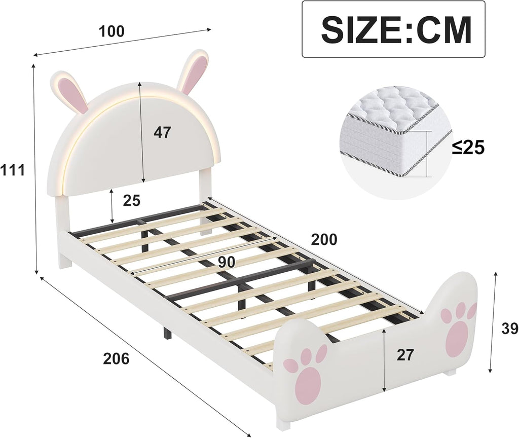 Cama tapizada infantil 90x200 con iluminación LED, estructura de cama individual con somier, cama de princesa para niña con cabecero en forma de conejo para dormitorio, tela de terciopelo, blanco (Blanco-C, 90x200 cm)