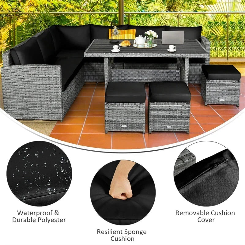 Conjunto de muebles de comedor para patio de 7 piezas de ratán con sofá seccional, mesa de comedor, otomanas y cojines