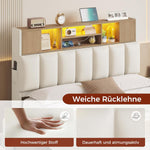 Cama KIMENICH 140x200 cm, estructura de cama doble, cama con iluminación LED, cama tapizada, 4 cajones, estación de carga, marco de metal y cabecero de madera con almacenamiento, para dormitorio, habitación de invitados, blanco + natural