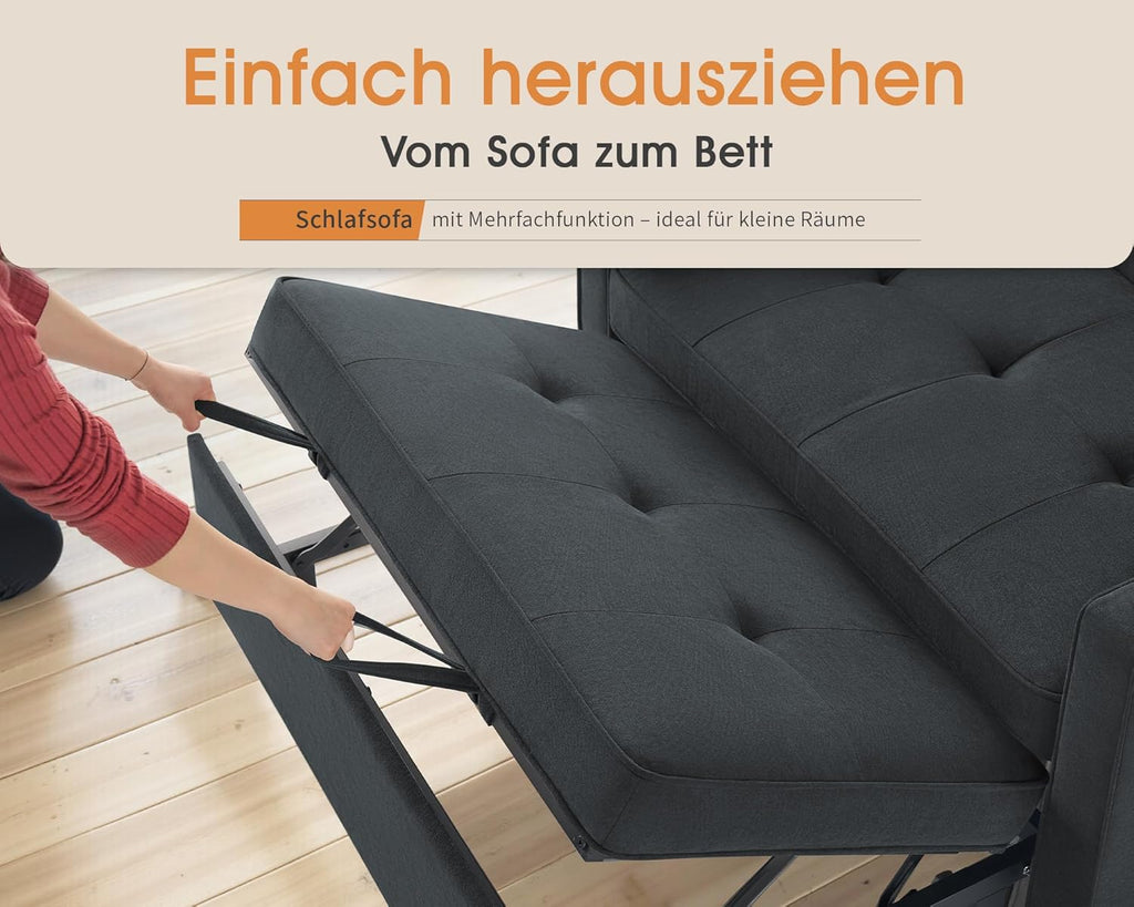 LUXOAK Schlafsofa 186 x 122 cm mit 5-stufig Verstellbarer Rückenlehne, 3-in-1 Schlafcouch mit Kissen und Seitentasche, graues Leinen-Sofa für Gästezimmer & kleine Räume