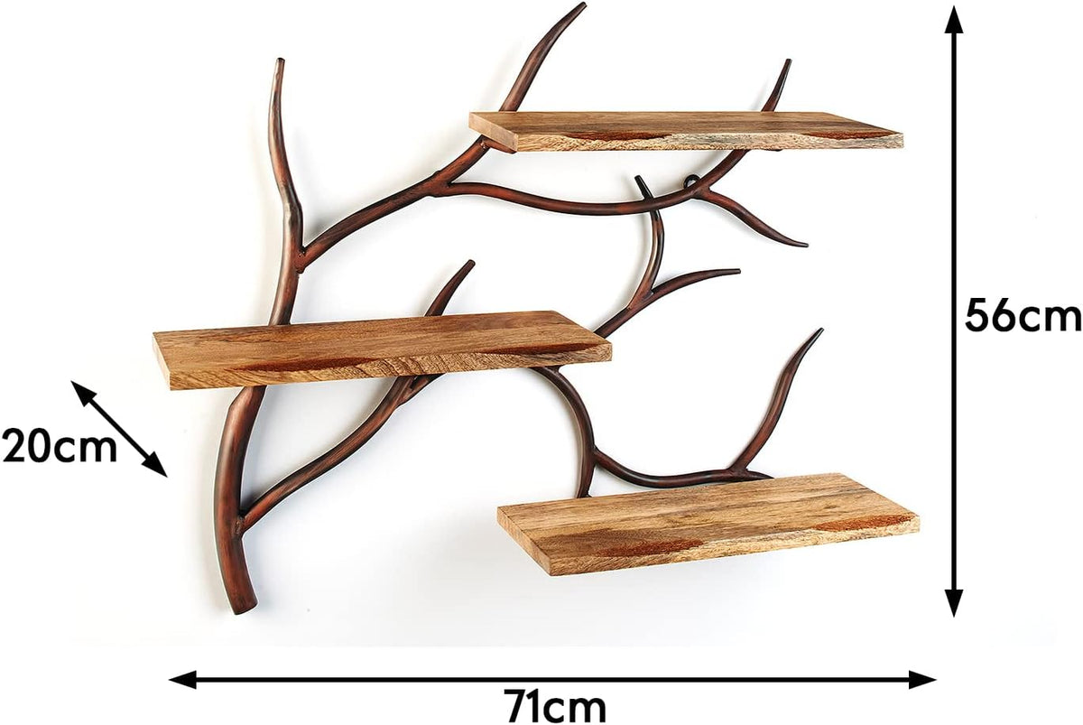 Kobolo Wandregal Hängeregal Bücherregal -AST Zweig- 3 Böden - 71x20x56 cm - Eisen und Holz