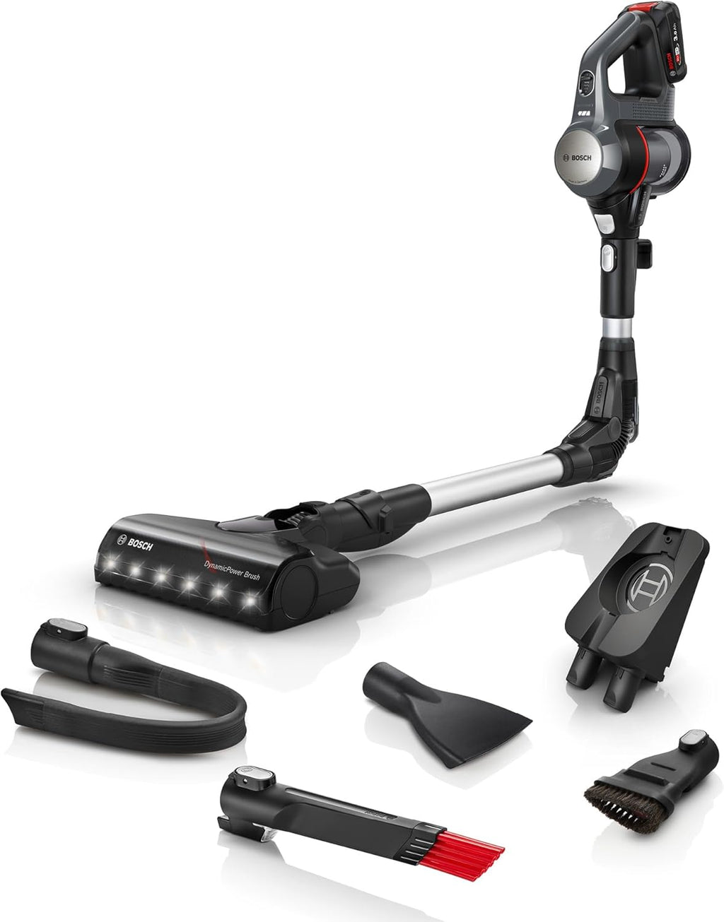 Bosch Akku-Staubsauger Unlimited 7 BCS711A, kabelloser Handstaubsauger, beutellos, Wechselakku, Knickrohr, Hygiene-Filter, 10 Jahre Motorgarantie, Fugendüse, LED-Beleuchtung, Turbostufe, grau