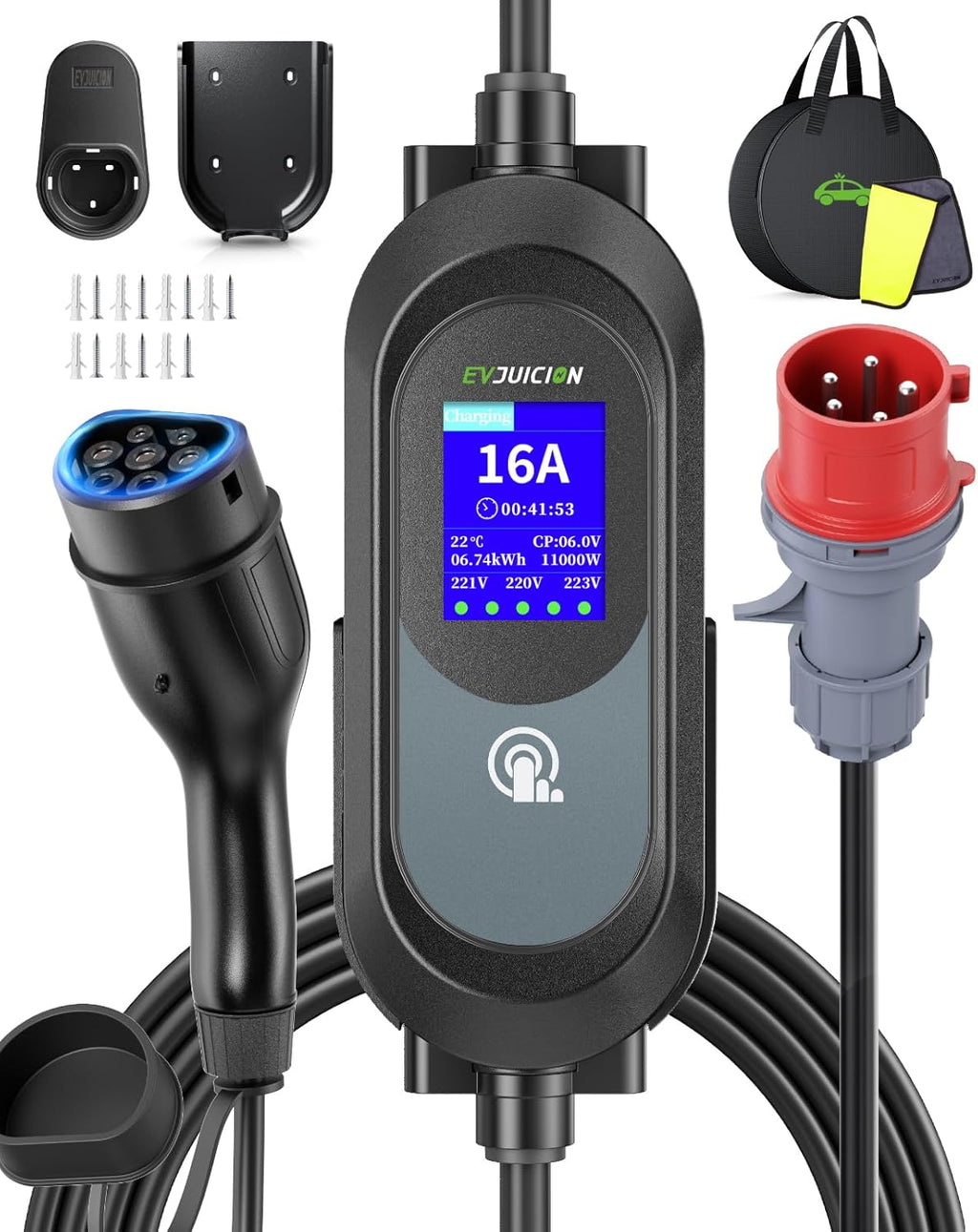 EVJUICION Cargador de coche eléctrico de 11 kW CEE trifásico 6A-16A, cargador EV tipo 2 con soporte de pared, pantalla digital, tiempo de carga ajustable [0-12 h], portabilidad, cable de carga tipo 2 de 6 m con bolsa