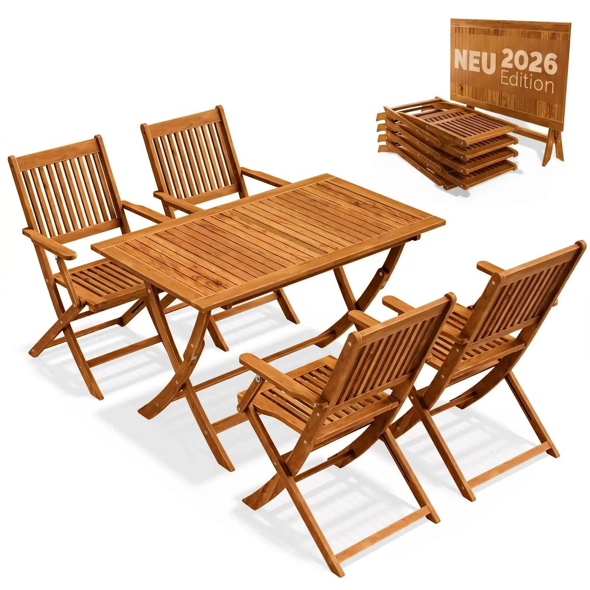 Conjunto de mesa de jardín certificado FSC para 4 personas, 200 cm, 160 kg, resistente a la intemperie, plegable, 5 piezas, acacia con reposabrazos, marrón