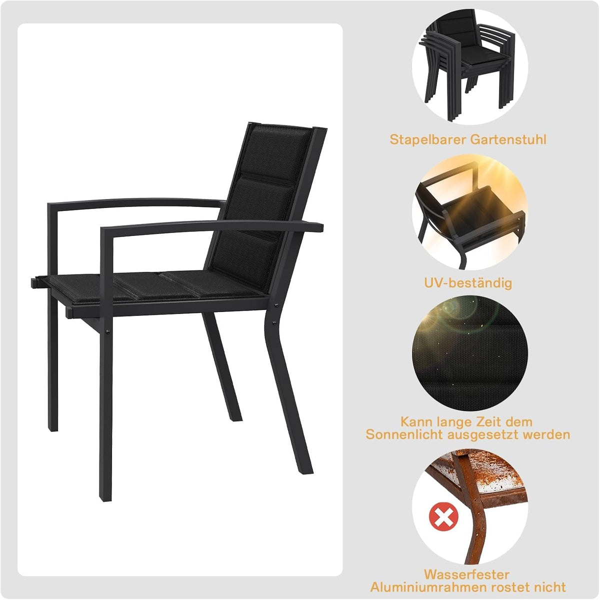 Devoko Gartenmöbel Set 6 Personen,6+1 Aluminium Tisch und Stühle Set Balkonmöbel, 6 Stapelbare Gartenstühle und 1 130/260 cm Dehnbarer Gartentisch,Terassen möbelsets außen Lounge, Dunkelgrau