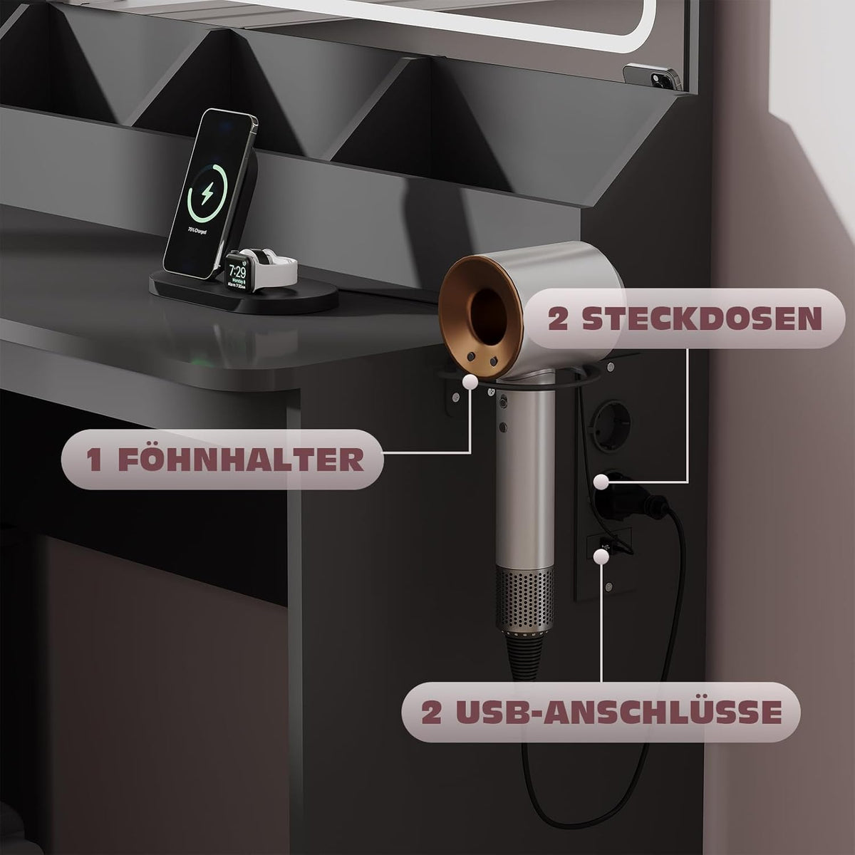 JUMMICO Schminktisch mit Spiegel und Licht, Eck Schminktisch L Hocker mit Beleuchtung LED 3 Farben, Make Up Table 120 breit mit 5 Schubladen und Steckdosen, Schwarz
