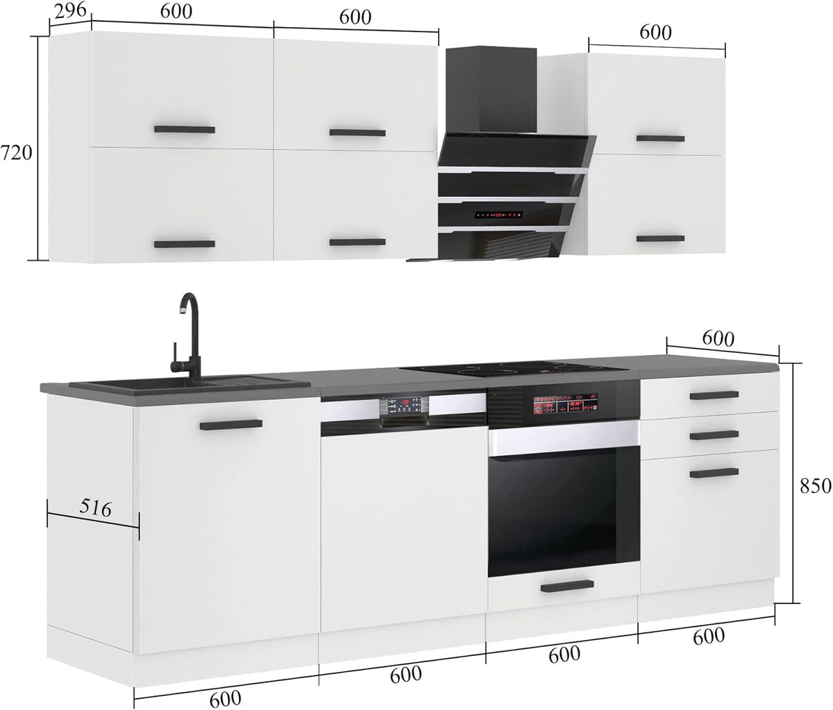Cocina compacta Belini Madison - Muebles de cocina de 240 cm, cocina equipada sin electrodomésticos, con armarios altos y bajos, con encimeras, blanco brillo