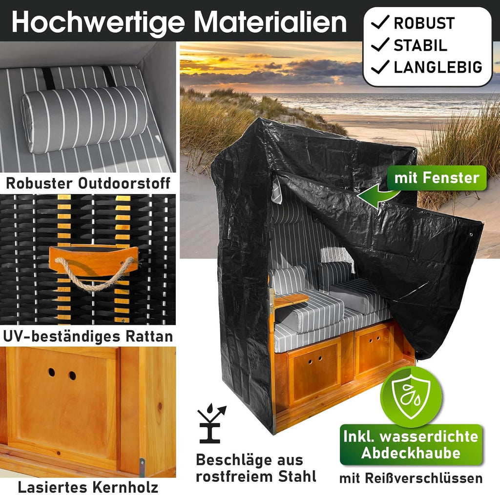 BRAST® Silla de playa Rügen Deluxe | para 2 personas | 120 cm de ancho | 5 diseños | incluye funda protectora resistente a la intemperie | respaldo ajustable y cojín de pies mullido | Antracita/Gris - a rayas