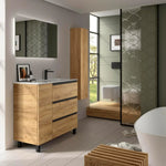 Mueble de baño BEQUIA Plus Metal 3 cajones 90 cm Roble | Lavabo porcelana grifo derecha
