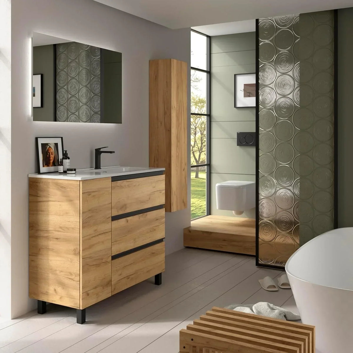 Mueble de baño BEQUIA Plus Metal 3 cajones 90 cm Roble | Lavabo porcelana grifo derecha