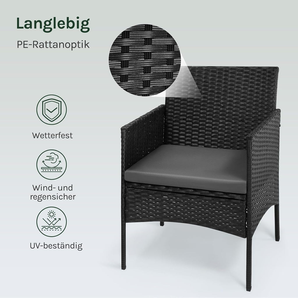 WOLTU Gartenmöbel 4-teilig Set mit 1 Sofa, 2 Sessel, 1 Couchtisch und Kissen Lounge-Möbel Outdoor 2-Sitzer-Bank mit Glas Gartentisch Terrassenmöbel Wetterfest für Garten, Terrassen, Balkon, Schwarz
