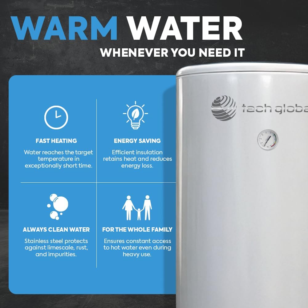 TECHGLOBE - Acumulador de agua caliente sanitaria con 2 intercambiadores de calor (1,8 + 3,1 m²) - Fabricado íntegramente en acero inoxidable - Depósito de agua caliente energéticamente eficiente - con aislamiento de 50 mm (300 L)
