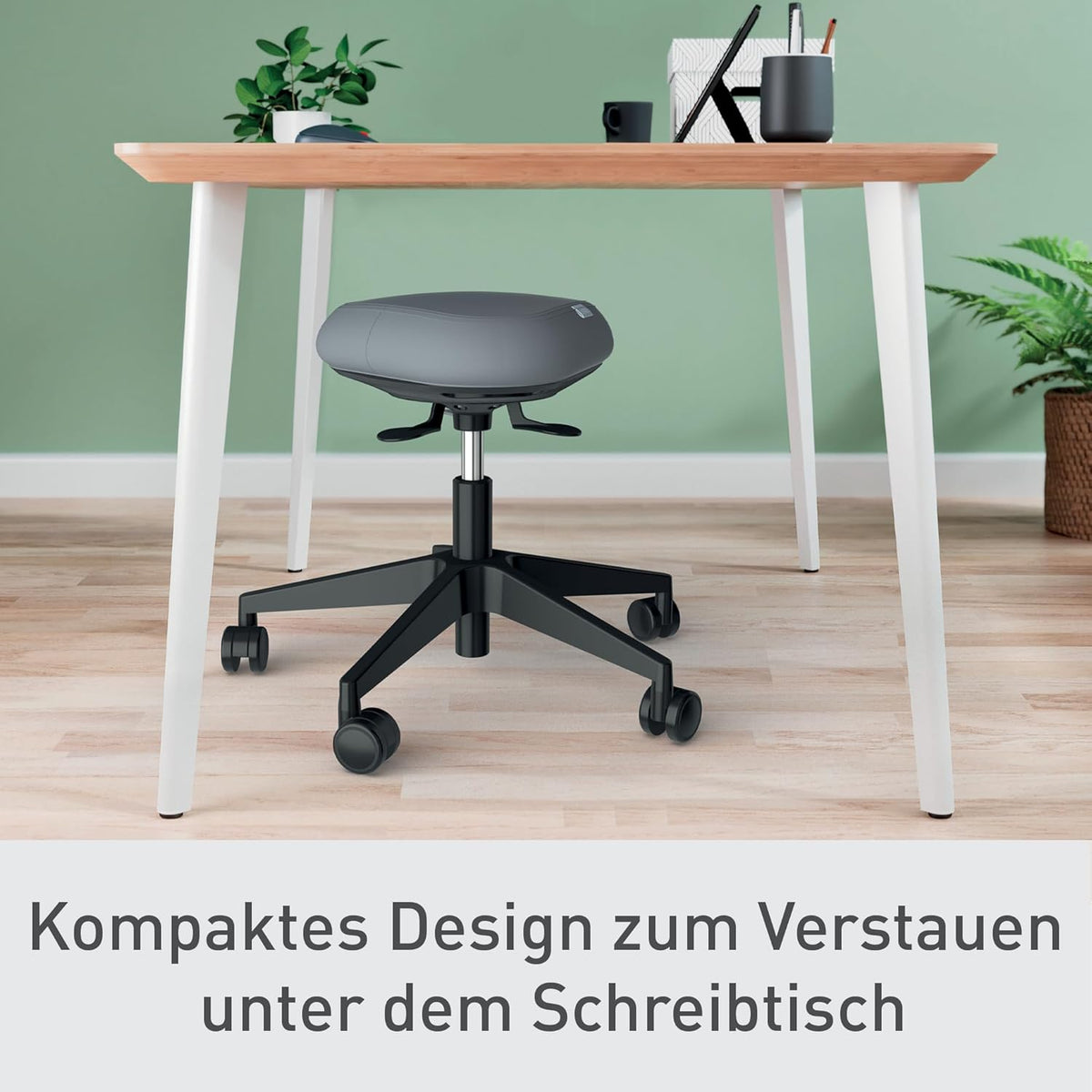 Taburete ajustable en altura Leitz Ergo Active (47–60 cm) con ruedas, taburete de oficina con cojín de asiento, taburete giratorio ergonómico para el hogar, la oficina, el ocio y las aficiones, serie Ergo, negro, 65770095