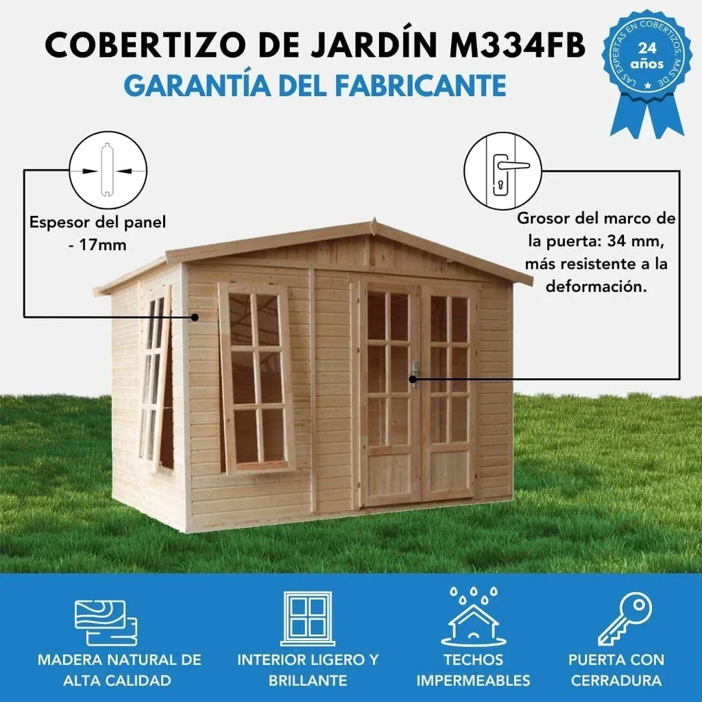 TIMBELA Caseta de jardín de madera de 6 m2 - Cobertizo de jardín exterior con suelo, ventana, puerta doble - Cabaña de jardín para trabajar en casa - con tejas bituminosas verde M334FB+H334FBGREEN