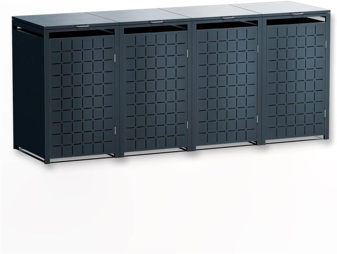 Cubo para basura Metzler para 4 contenedores de 240L, color antracita con patrón cuadrado, revestimiento metálico para 4 cubos con cierre, cuatro contenedores con recubrimiento en polvo y resistentes a la intemperie con tapa automática | Geo