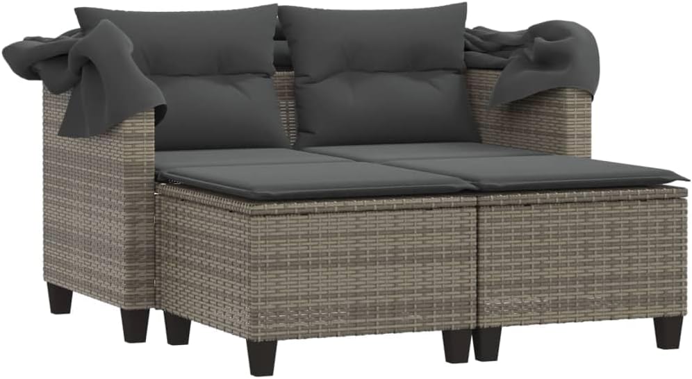 vidaXL Sofá de jardín de 2 plazas con techo y reposapiés, sofá de exterior, muebles de jardín, set de salón para patio, muebles de terraza biplaza, polirratán gris