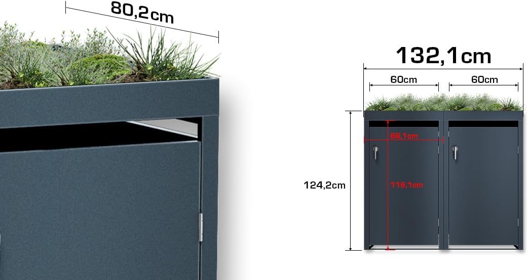 Cubo para basura Metzler en color antracita con techo para plantas, para 2 cubos de 240L, revestimiento para 2 cubos, acero con recubrimiento en polvo y resistente a la intemperie con tapa automática, con cerradura, caja para jardín y basura