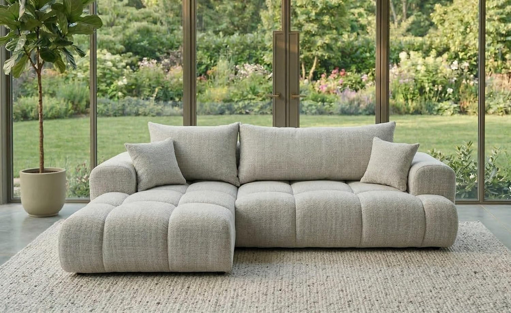 Sofá grande B&B HOME Vitton II, forma en L, tapizado de pana, beige, función cama, arcón, estilo escandinavo (con reposabrazos a la izquierda)