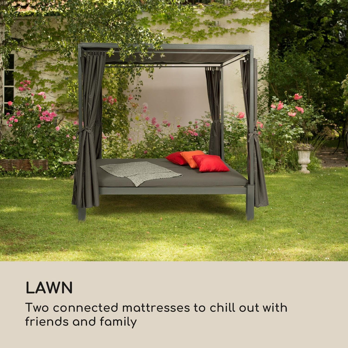 blumfeldt Senator Lounge - Tumbona de jardín doble con toldo, cenador tipo lounge, 188 x 208 x 205 cm, acolchado cómodo, cortinas de privacidad, resistente al agua, estructura de acero, máx. 350 kg, gris
