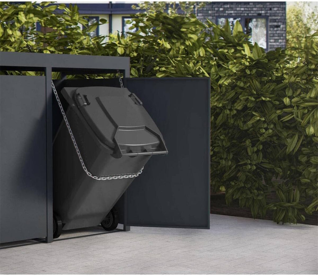 Cubo para basura Metzler en color antracita con techo para plantas, para 2 cubos de 240L, revestimiento para 2 cubos, acero con recubrimiento en polvo y resistente a la intemperie con tapa automática, con cerradura, caja para jardín y basura