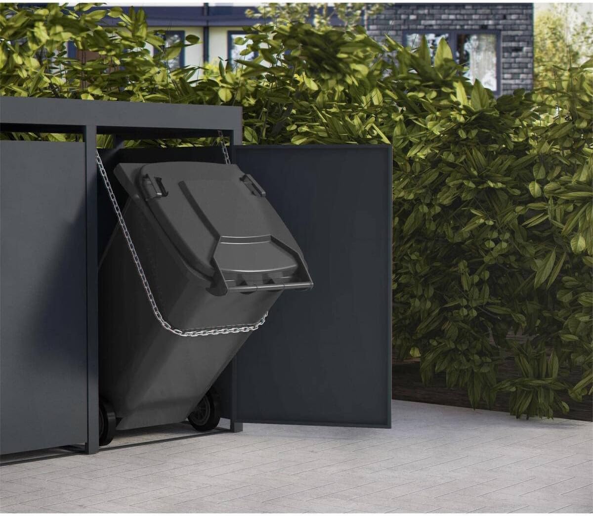 Cubo para basura Metzler en color antracita con techo para plantas, para 2 cubos de 240L, revestimiento para 2 cubos, acero con recubrimiento en polvo y resistente a la intemperie con tapa automática, con cerradura, caja para jardín y basura