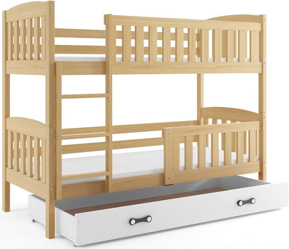 Interbeds Litera 200x90 cm Cama alta Cama doble con cajón Cama de madera de pino Cama infantil Cama juvenil con somier y barrera de seguridad (tono natural, 200x90)