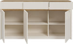 Forte Oak SQUERE Sideboard 160, Elegantes Sideboard mit 3 Türen, Beleuchtung und Lamellendesign, Holzwerkstoff, Mauvella Eiche Dekor/Sand, 160 cm breit x 85,9 cm hoch x 41,5 cm tief