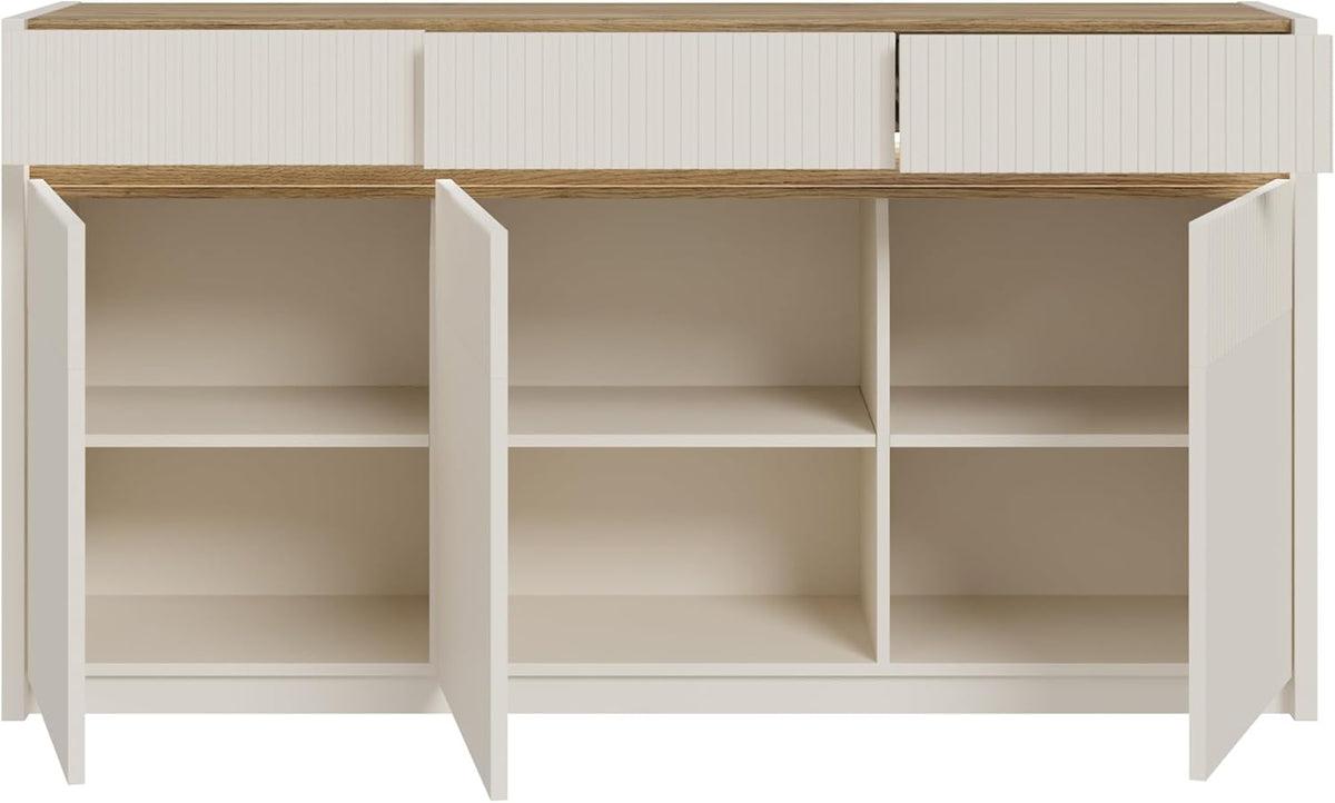 Forte Oak SQUERE Sideboard 160, Elegantes Sideboard mit 3 Türen, Beleuchtung und Lamellendesign, Holzwerkstoff, Mauvella Eiche Dekor/Sand, 160 cm breit x 85,9 cm hoch x 41,5 cm tief
