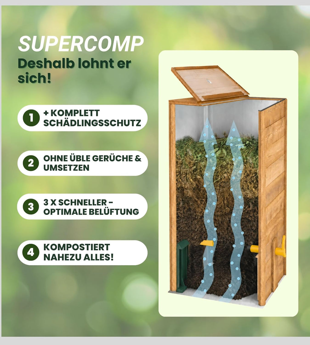 Compostador de madera a prueba de ratas con tapa, protección contra plagas, rejilla de ventilación y base, técnica de deslizamiento para compostar sin malos olores, sin necesidad de volteo, 340 L