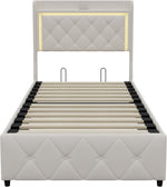 Cama tapizada de 90x200 cm con iluminación LED, USB y canapé hidráulico – Cama individual juvenil con almacenamiento, somier y cabecero, terciopelo beige, sin colchón (Beige-3, 90x200 cm)
