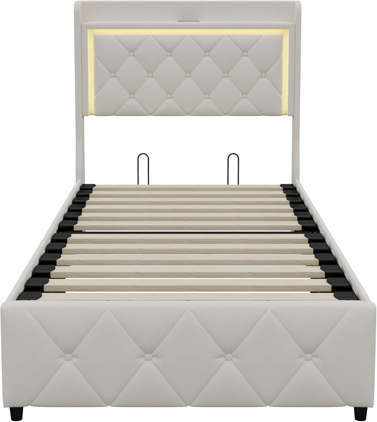 Cama tapizada de 90x200 cm con iluminación LED, USB y canapé hidráulico – Cama individual juvenil con almacenamiento, somier y cabecero, terciopelo beige, sin colchón (Beige-3, 90x200 cm)