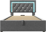 Cama tapizada individual 90x200cm con cabecero LED, estación de carga USB y tipo C, canapé hidráulico con espacio de almacenamiento, cama juvenil moderna con somier, terciopelo (gris, 90x2 00cm)