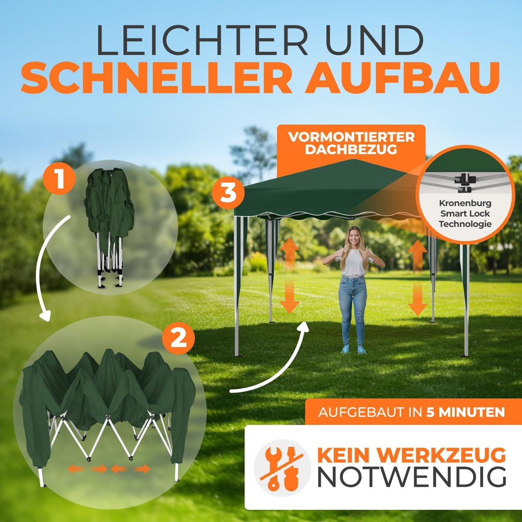 Gazebo plegable impermeable Kronenburg, dimensiones del techo 3 x 3 m, protección UV 50+, cenador en verde con 4 paneles laterales